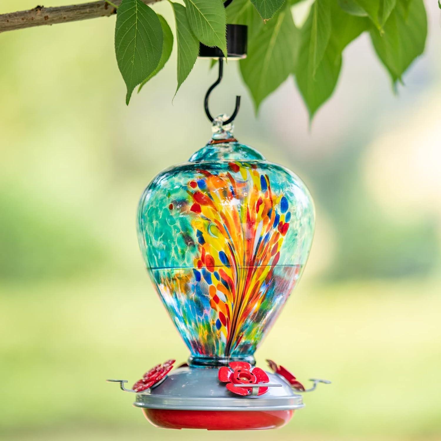 Hand Blown Multicolor Glass Hanging Hummingbird Feeder