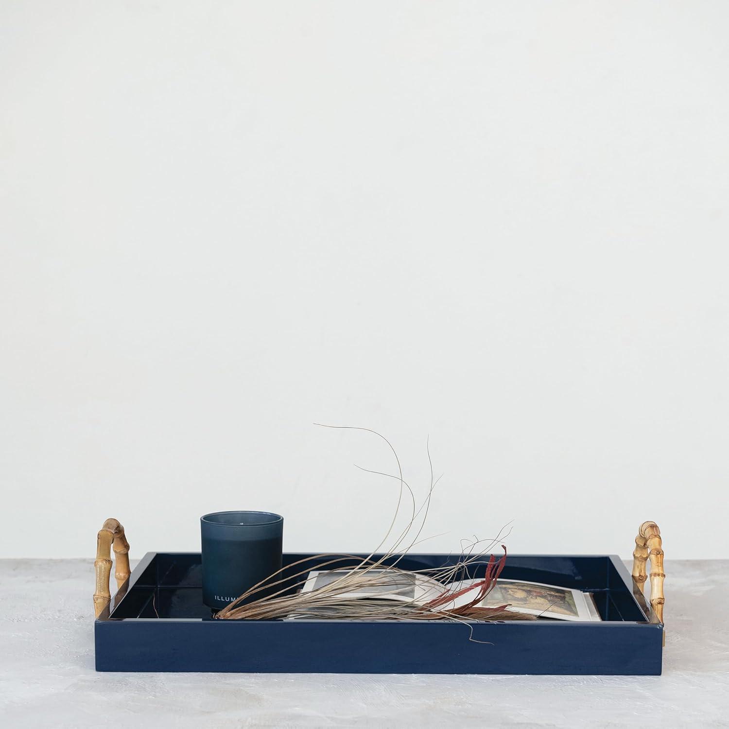 Navy Bamboo and Metal Coastal Serving Tray with Handles