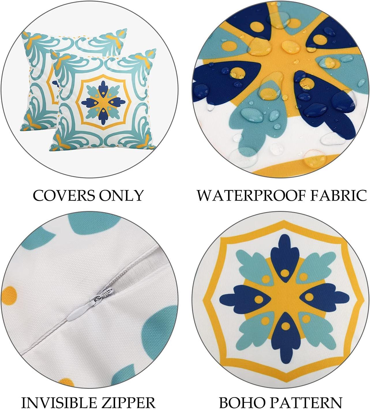 Set of 4 Blue and Yellow Boho Floral Waterproof 18" Square Pillow Covers