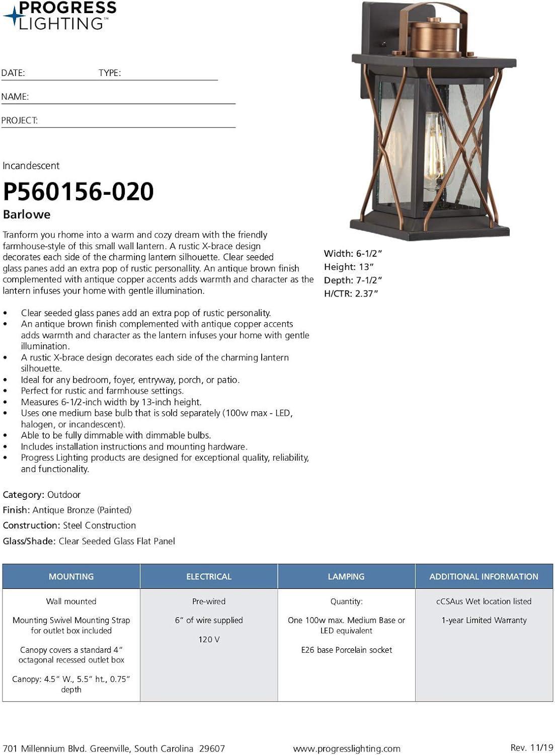 Progress Lighting Barlowe 1-Light Wall Lantern in Antique Bronze with Seeded Glass Shade