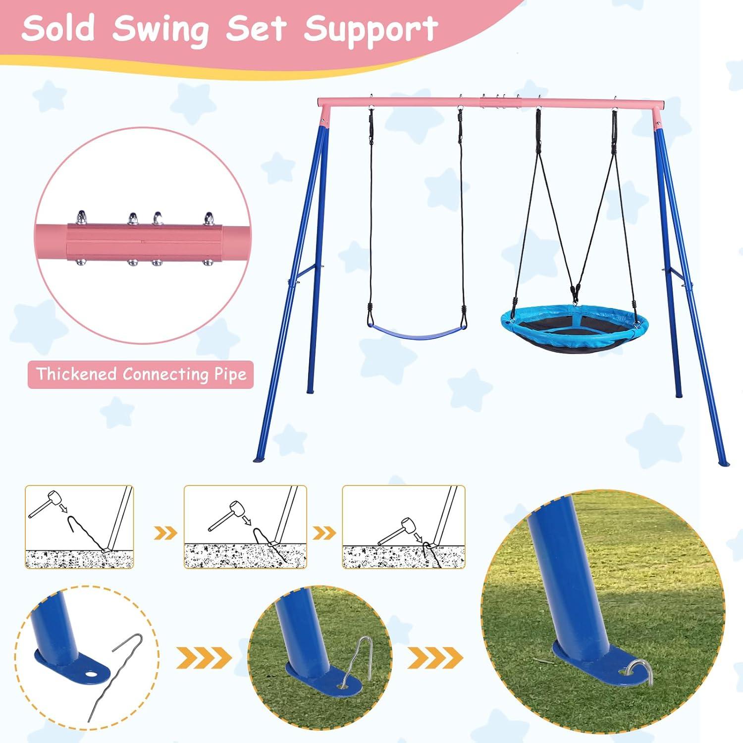 Outdoor Swings for Kids, 440lbs, Heavy-Duty A-Frame Metal Outdoor Swing Stand, 1 Saucer & 1 Belt Swing Seat for Playground, Backyard Blue