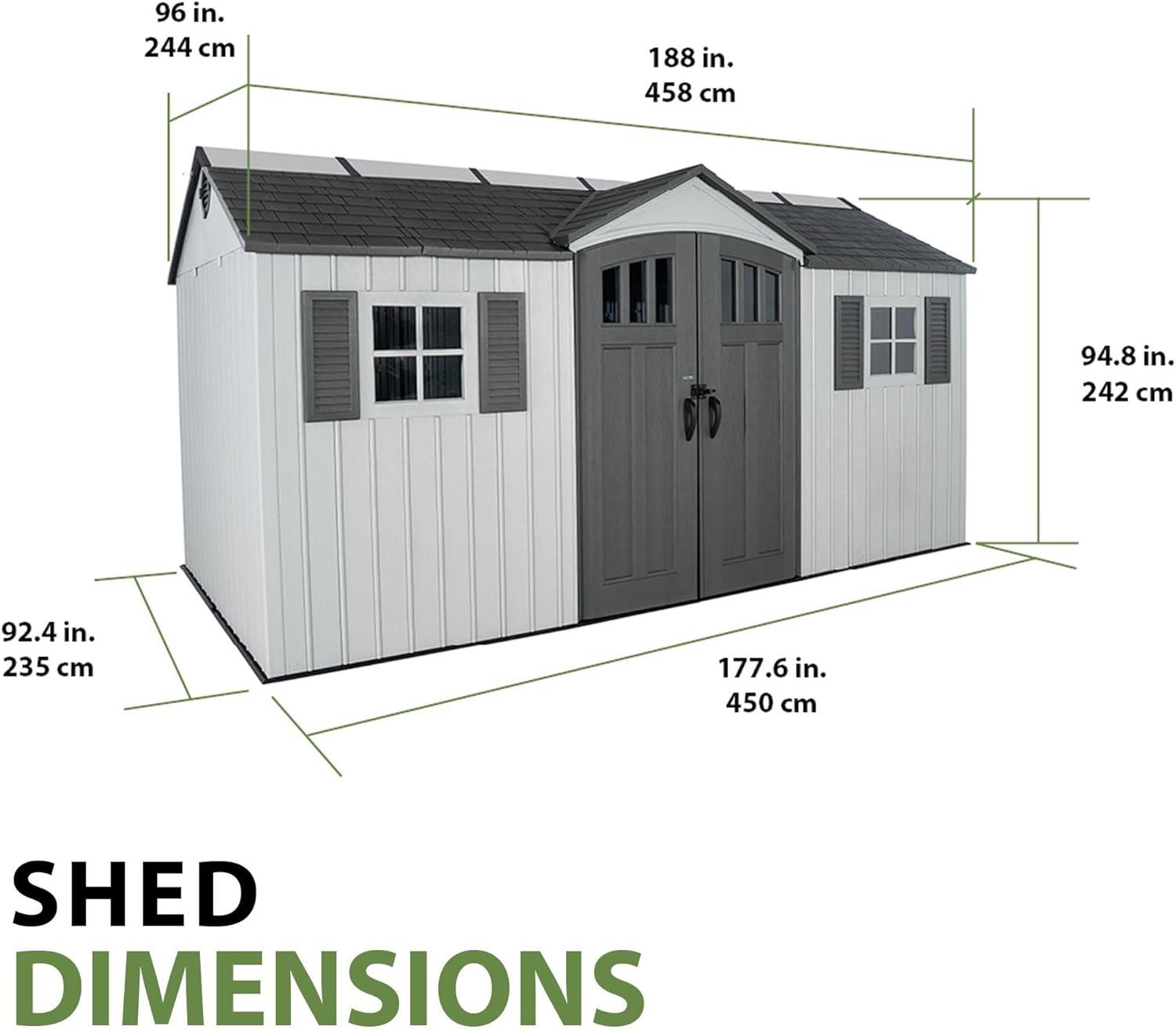 Lifetime Polyethylene Storage Shed, 106.5 sq. ft., 15 ft. x 8 ft. x 8 ft., Light Gray (60406)