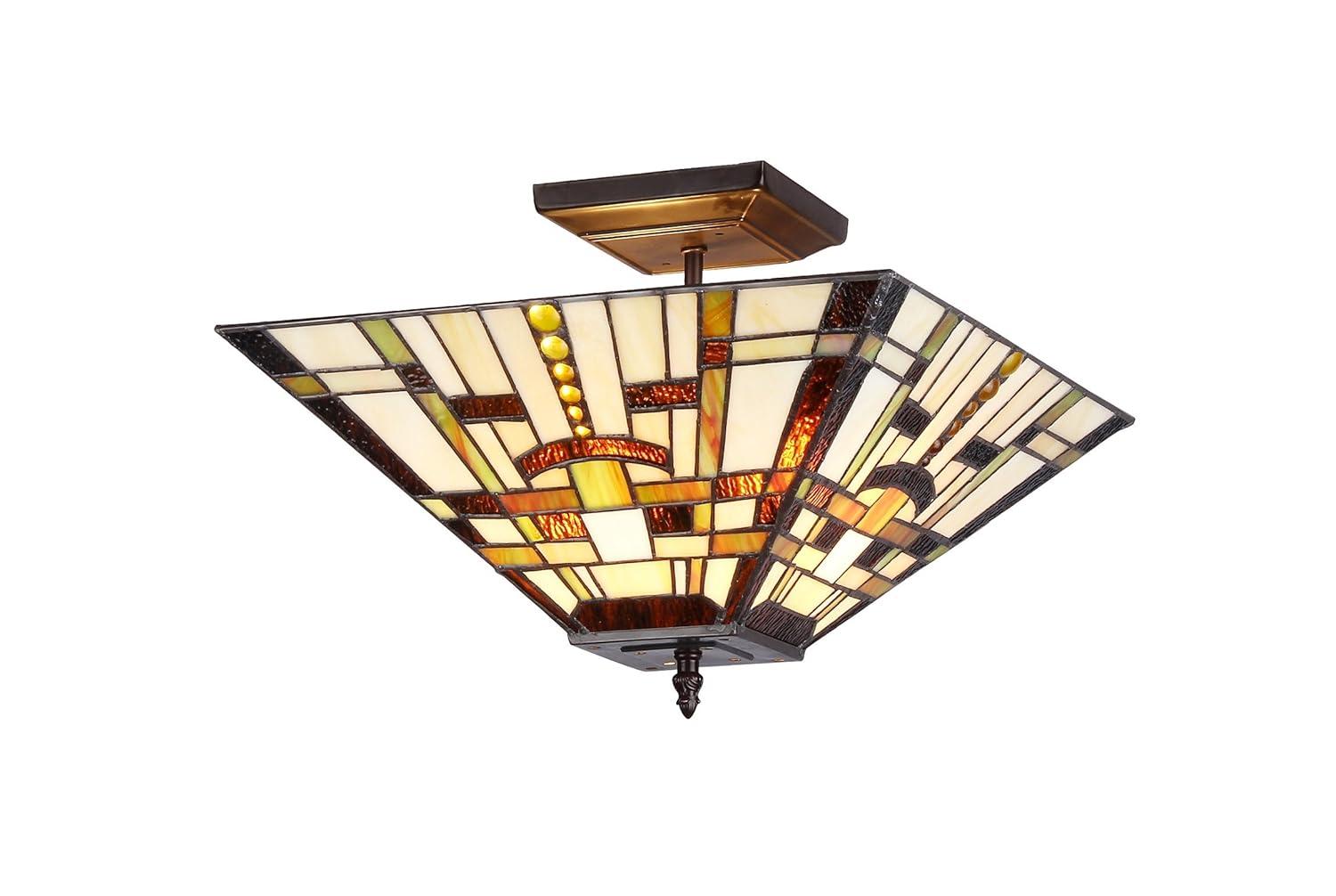 Chloe Lighting Farley Tiffany-Style Mission 2 Light Semi-Flush Ceiling Fixture 14" Shade