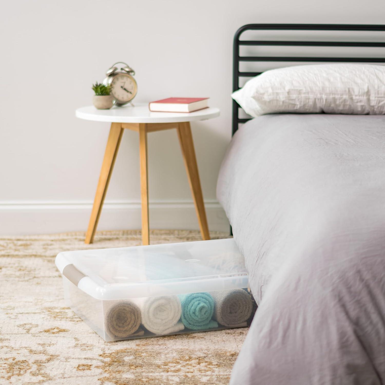 IRIS USA 40 Qt Plastic Under Bed Storage Stackable Nestable Organizer Bin Container with Secure Lids and Durable Tan Buckles, Clear