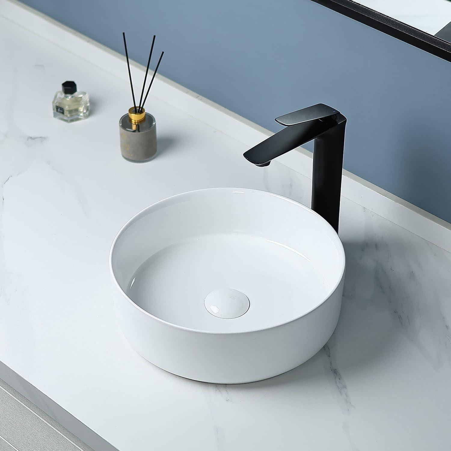 Davivy 14.2'' White Ceramic Circular Vessel Bathroom Sink with Pop Up Drain