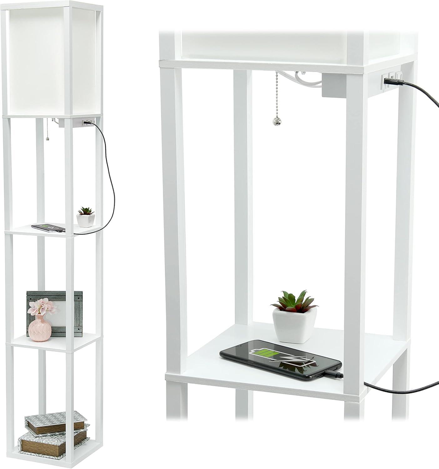 Floor Lamp Etagere Organizer Storage Shelf with 2 USB Charging Ports and Linen Shade - Simple Designs