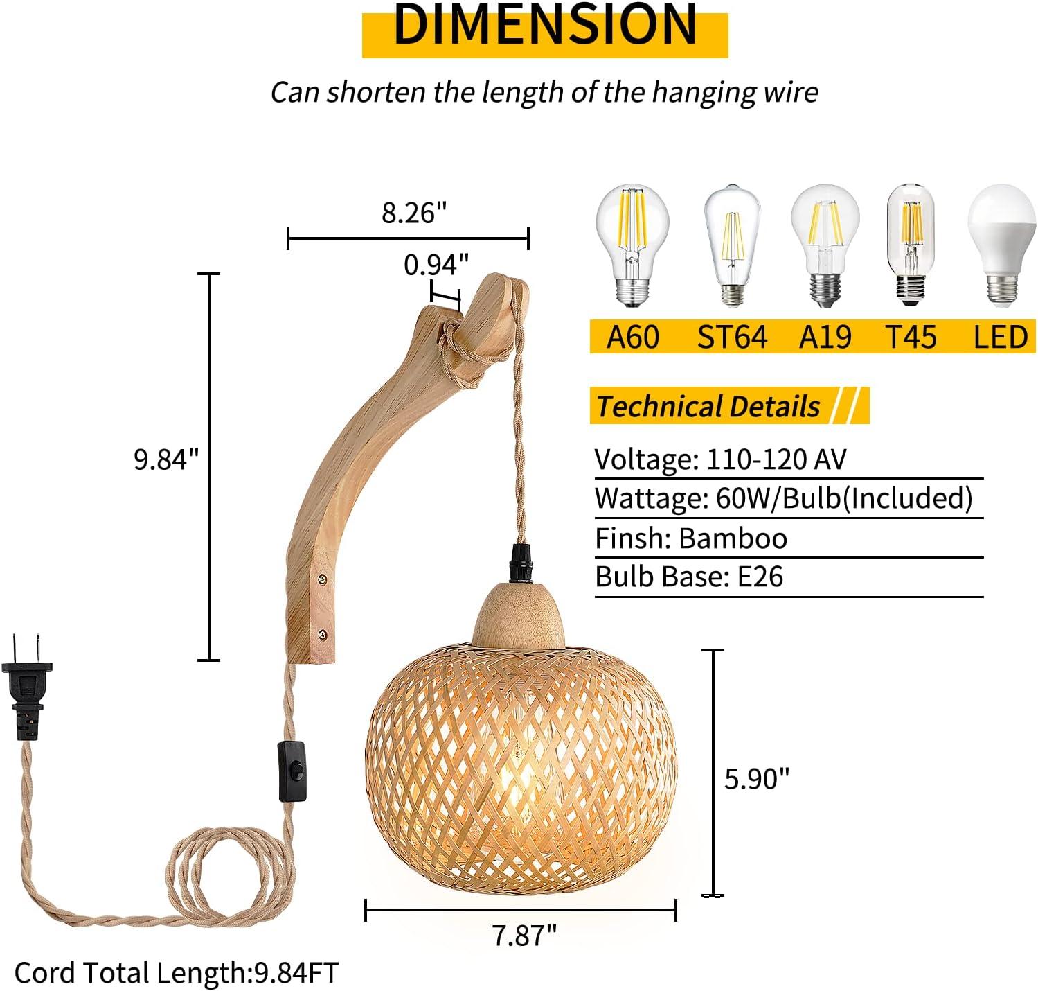 Bay Isle Home™ Cateno Bamboo Wall Sconces Set Of Two Plug In, Boho Wall Lamp With Plug In Cord, Farmhouse Wall Light Fixtures With 9.84FT On/Off Switch Cord, Rattan Sconces Wall Lighting For Bedroom Living Room (Set of 2)