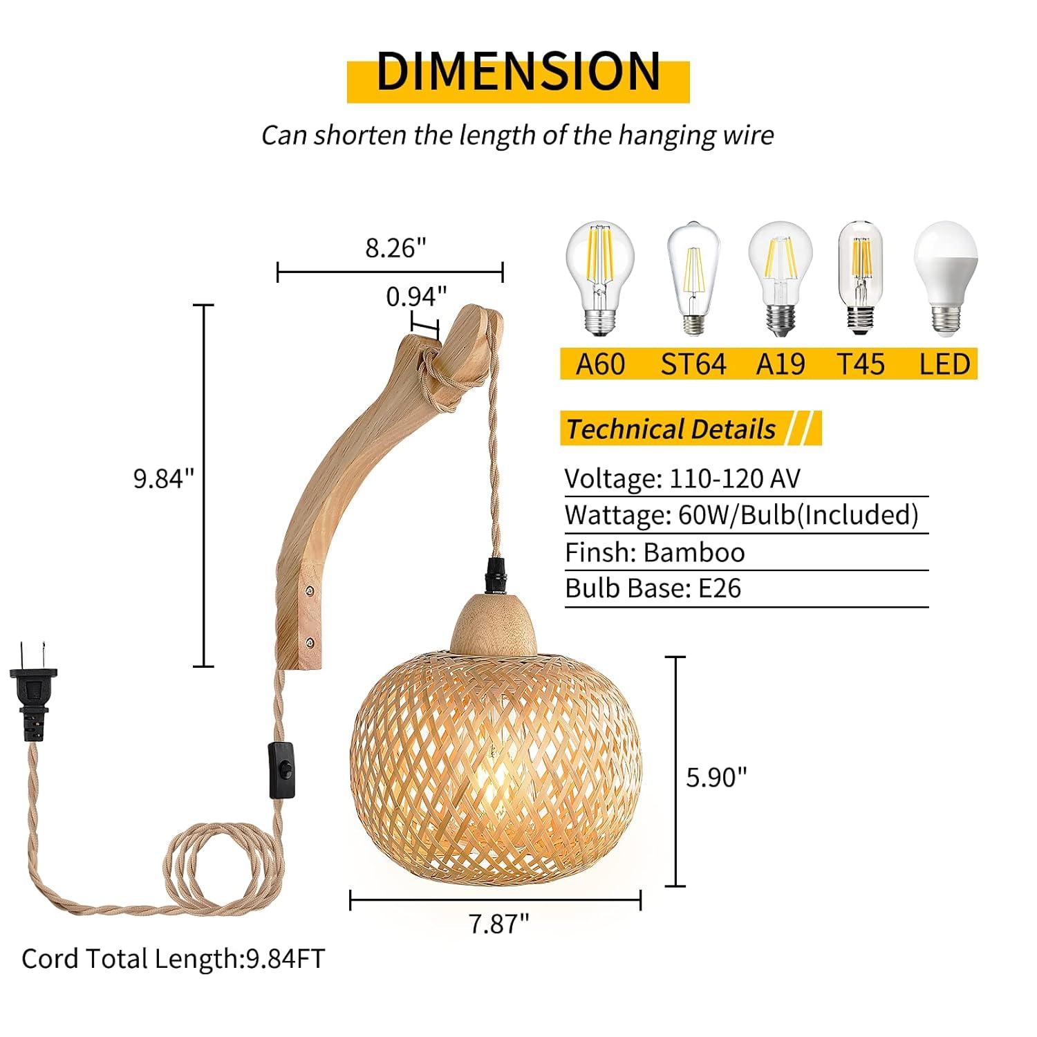 Bay Isle Home™ Cateno Bamboo Wall Sconces Set Of Two Plug In, Boho Wall Lamp With Plug In Cord, Farmhouse Wall Light Fixtures With 9.84FT On/Off Switch Cord, Rattan Sconces Wall Lighting For Bedroom Living Room (Set of 2)