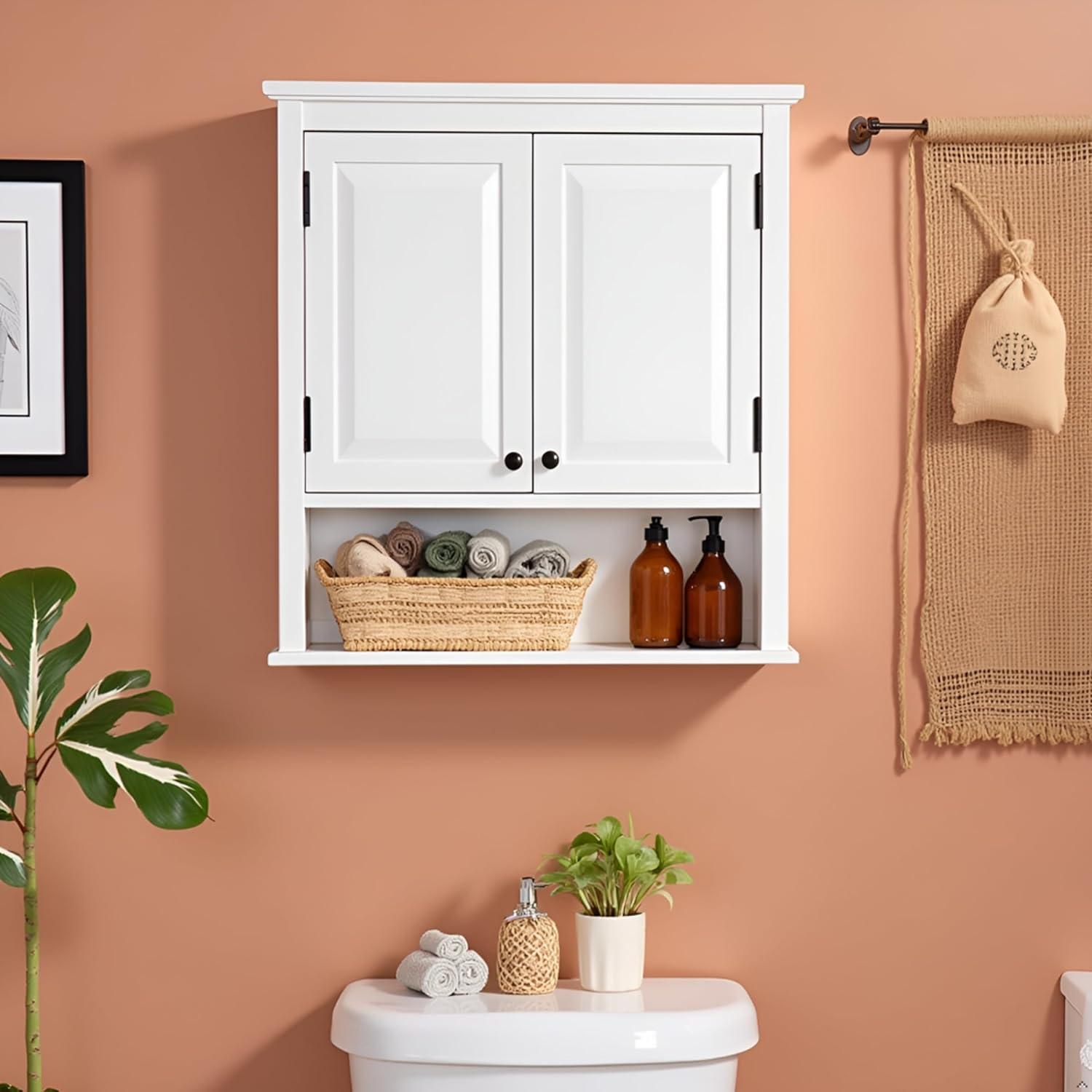 Dorset Wall Mounted Bath Storage Cabinet with Two Doors and Open Shelf White - Alaterre Furniture: Hardwood Medicine Cabinet, Adjustable Shelf