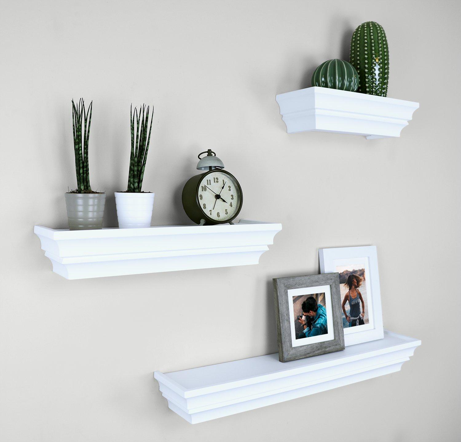 Ballucci Victorian Wall Ledge and Shelf, Wood Floating Wall Shelves Set, 12", 16", 24", Set of 3, White