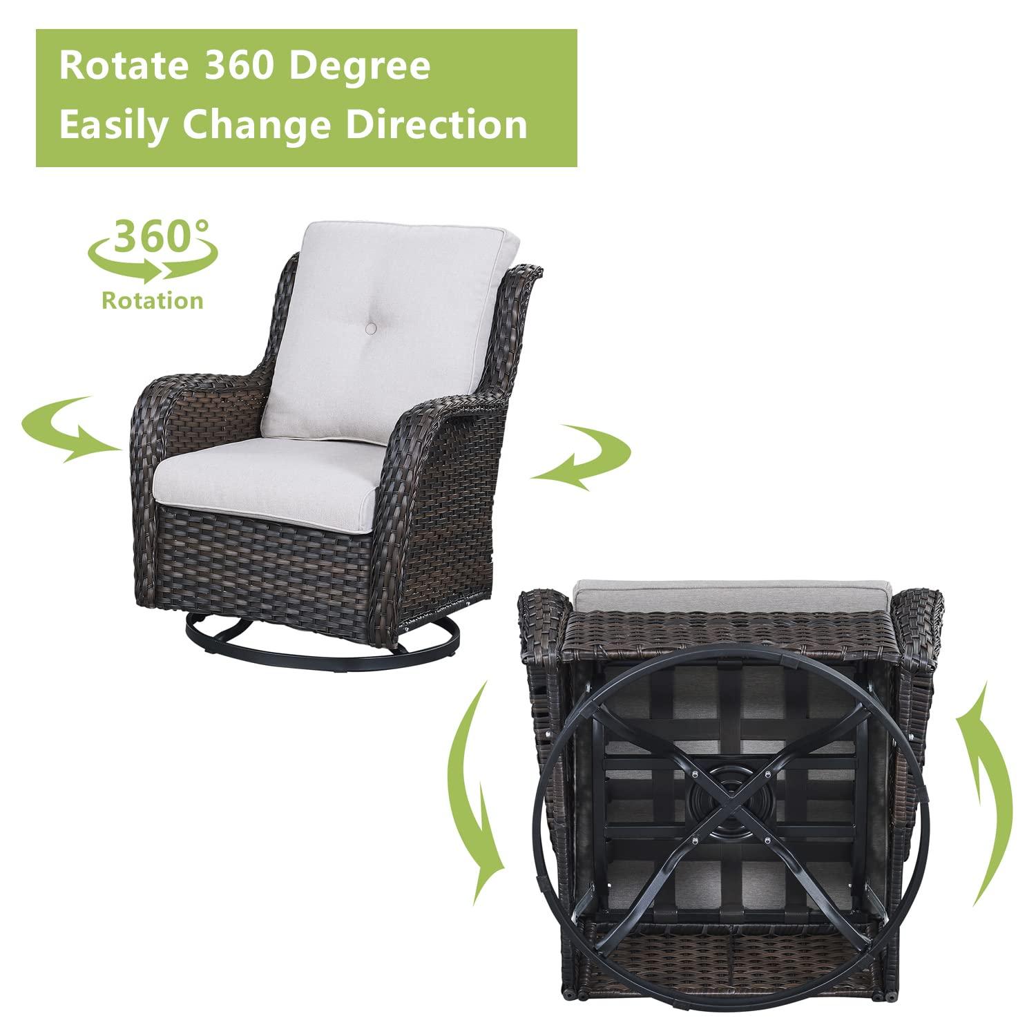 POCASSY 3 Piece Patio Set Outdoor Wicker Glider Rocking and Swivel Chairs with Side Table and Cushions - Patio Wicker Bistro Furniture Set, Brown Rattan & Beige Cushion