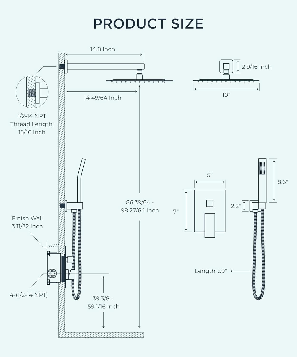 Shower Faucet Set 12" Matte Black Shower Head And Handle Set Rainfall Shower System with Square Rain Shower Head and High Pressure Handheld Spray