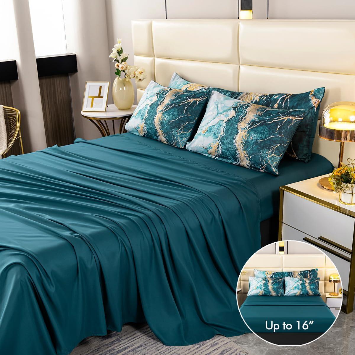 DANTUL 6 Pcs Orange Marble Printed Comforter With Sheet Sets Aesthetic Artwork Design Watercolor Bed In A Bag For All Season(Orange, King)