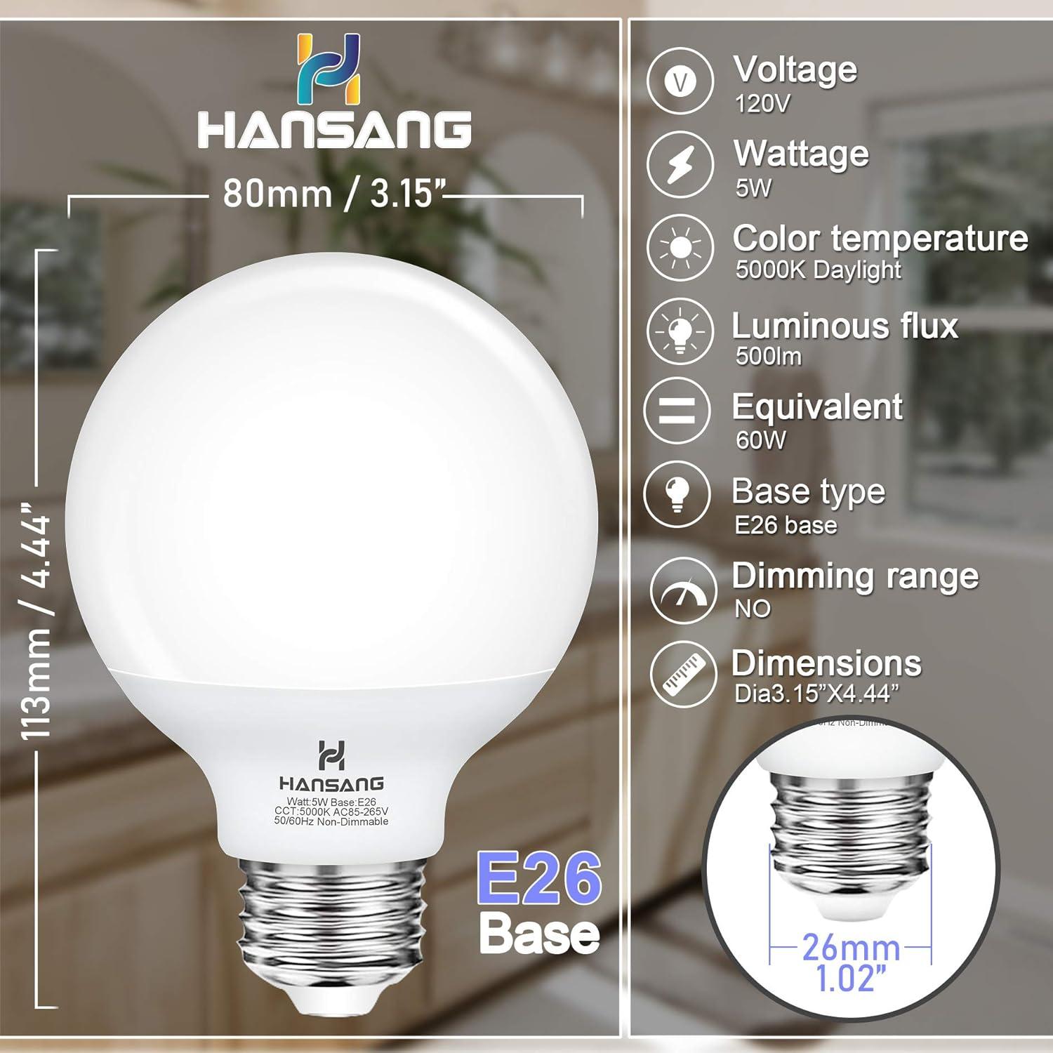 Hansang White G25 LED Globe Light Bulbs, 60W Equivalent