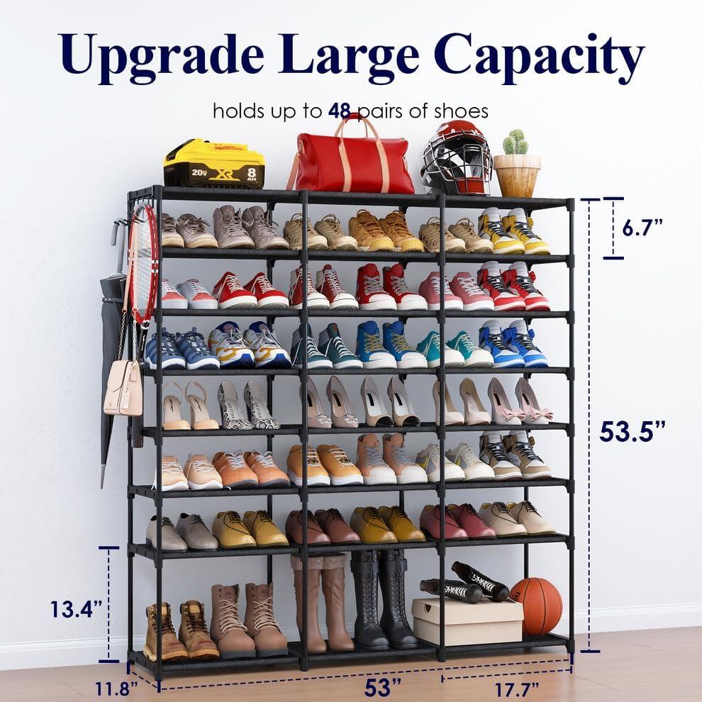 Black 8-Tier Stackable Metal and Fabric Shoe Rack