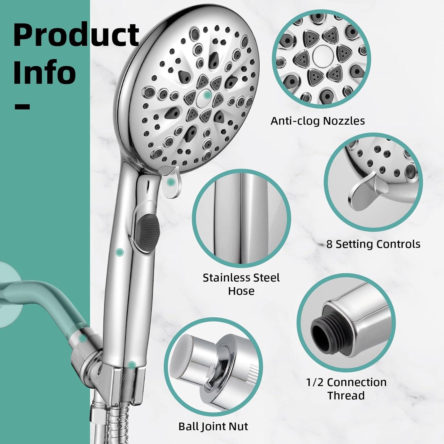 Chrome 9-Setting High Pressure Handheld Shower Head with Stainless Steel Hose