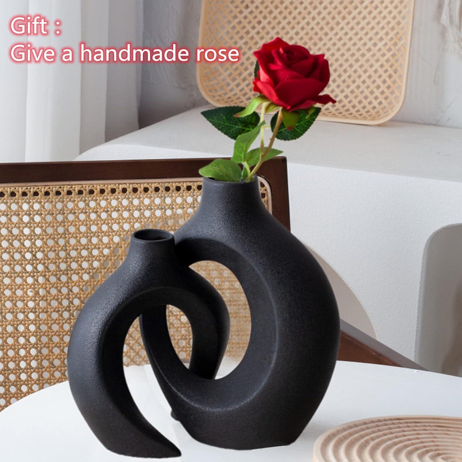 Black Hollow Ceramic Vase Set of 2, Snuggle Round Boho Donut Modern Vase Nordic Minimalist Decorative Vase for Modern Trendy Home Table Centerpiece Decor (W 6.3" X H 8")