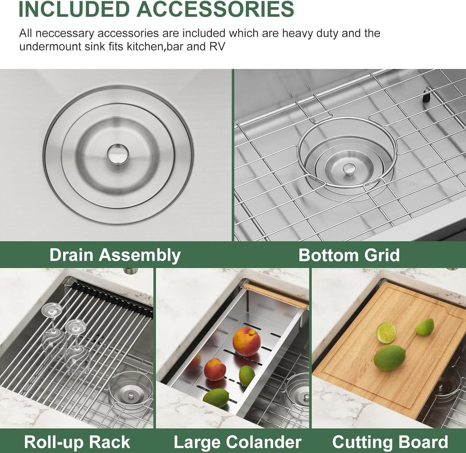 23x19 Inch Undermount Kitchen Workstation Sink - 16 Gauge 304 Stainless Steel Single Bowl With Ledge - Deep Handmade RV Bar Sink