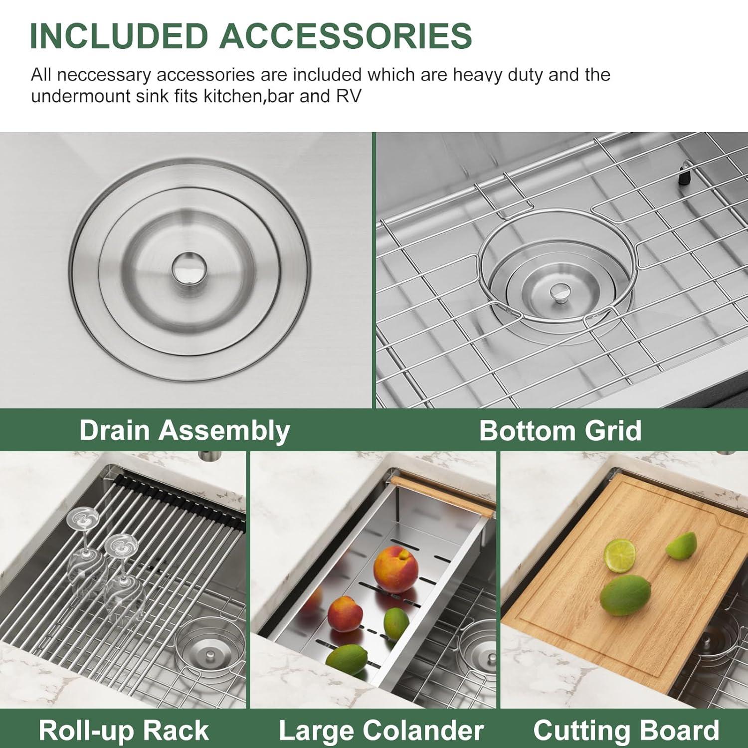 23x19 Inch Undermount Kitchen Workstation Sink - 16 Gauge 304 Stainless Steel Single Bowl With Ledge - Deep Handmade RV Bar Sink