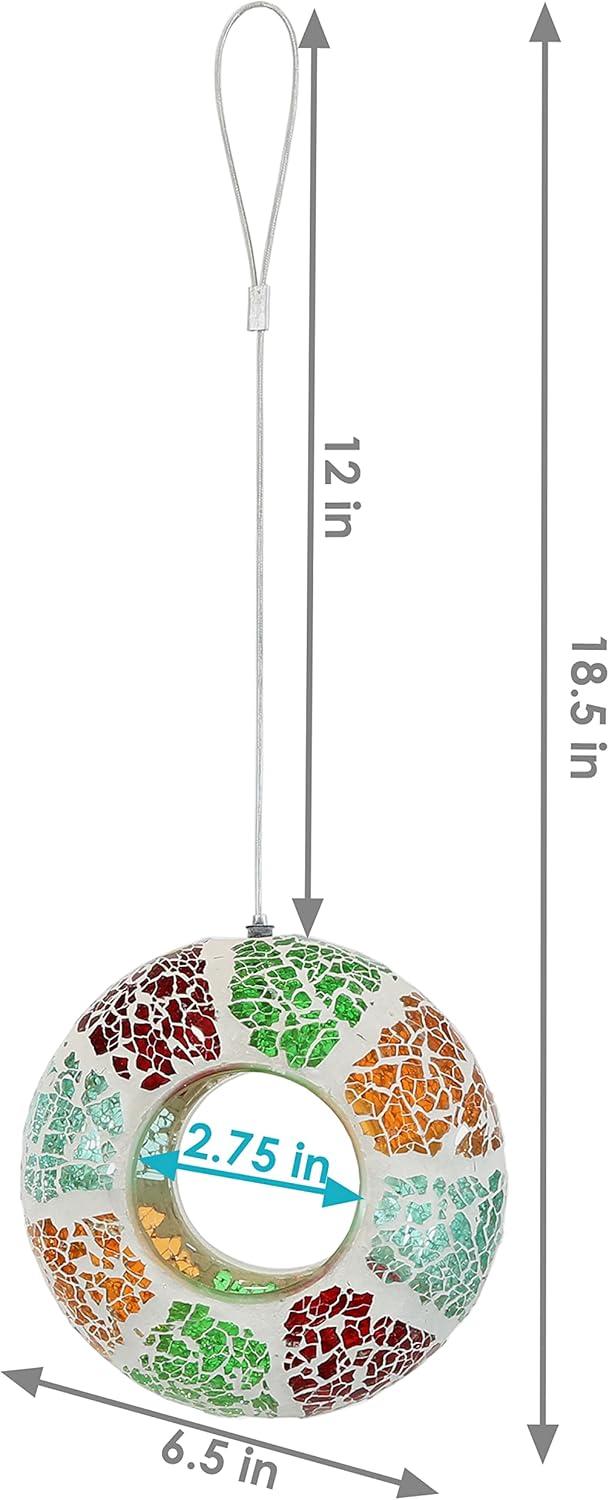 Sunnydaze Outdoor Garden Patio Round Glass with Summery Mosaic Design Hanging Fly-Through Bird Feeder - 6" - Red, Orange, Green, and Light Blue