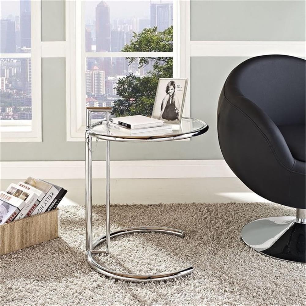 Eileen Gray Side Table Silver - Modway: Adjustable Height, Modern Classic, 20" Round Glass Top