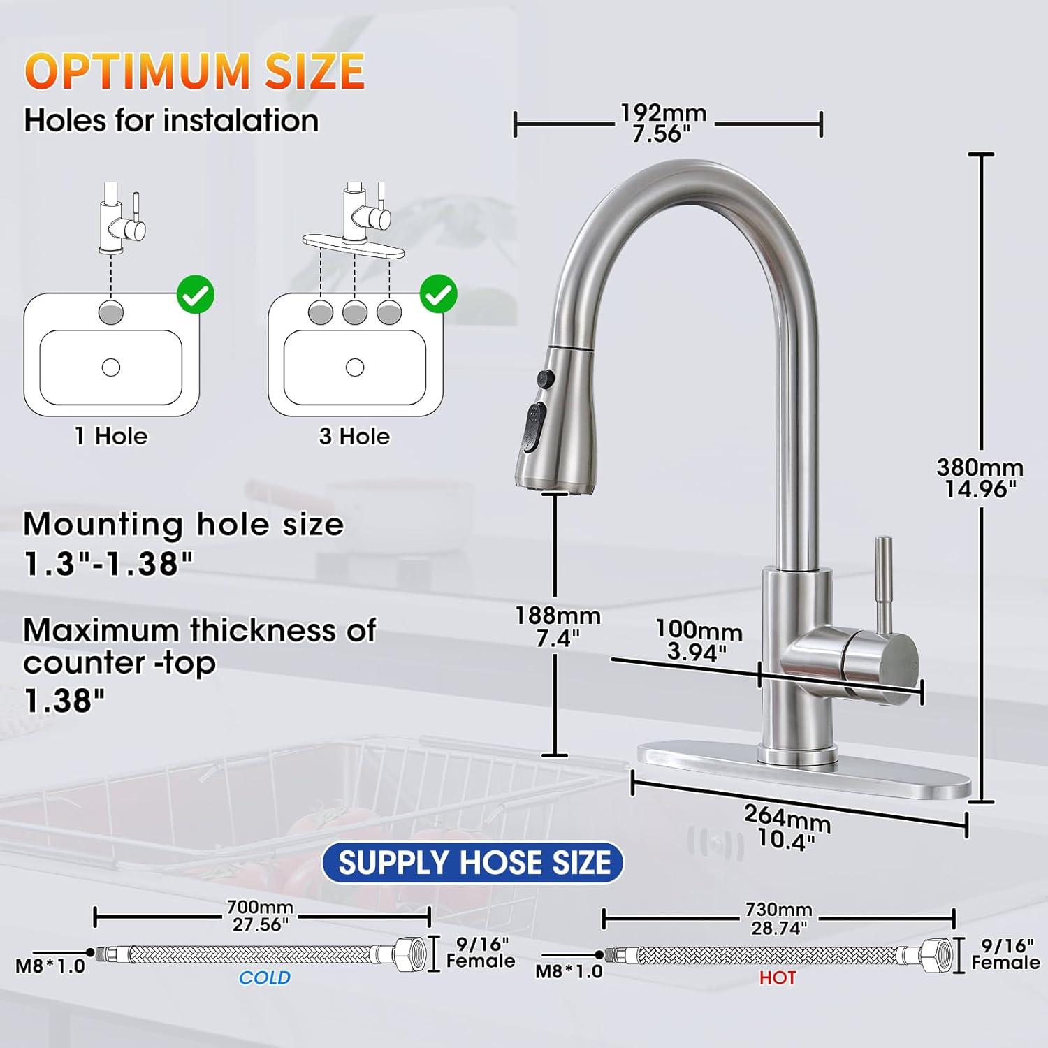 MODERN WALLS LLC B07Y4Y88Y6 Kitchen Faucets, Brushed Nickel Kitchen Faucet With Pull Down Sprayer, High Arc Single Handle Stainless Steel Sink Faucets 1 Or 3 Hole, Kitchen Sink Faucets For Farmhouse Camper Laundry Rv Bar