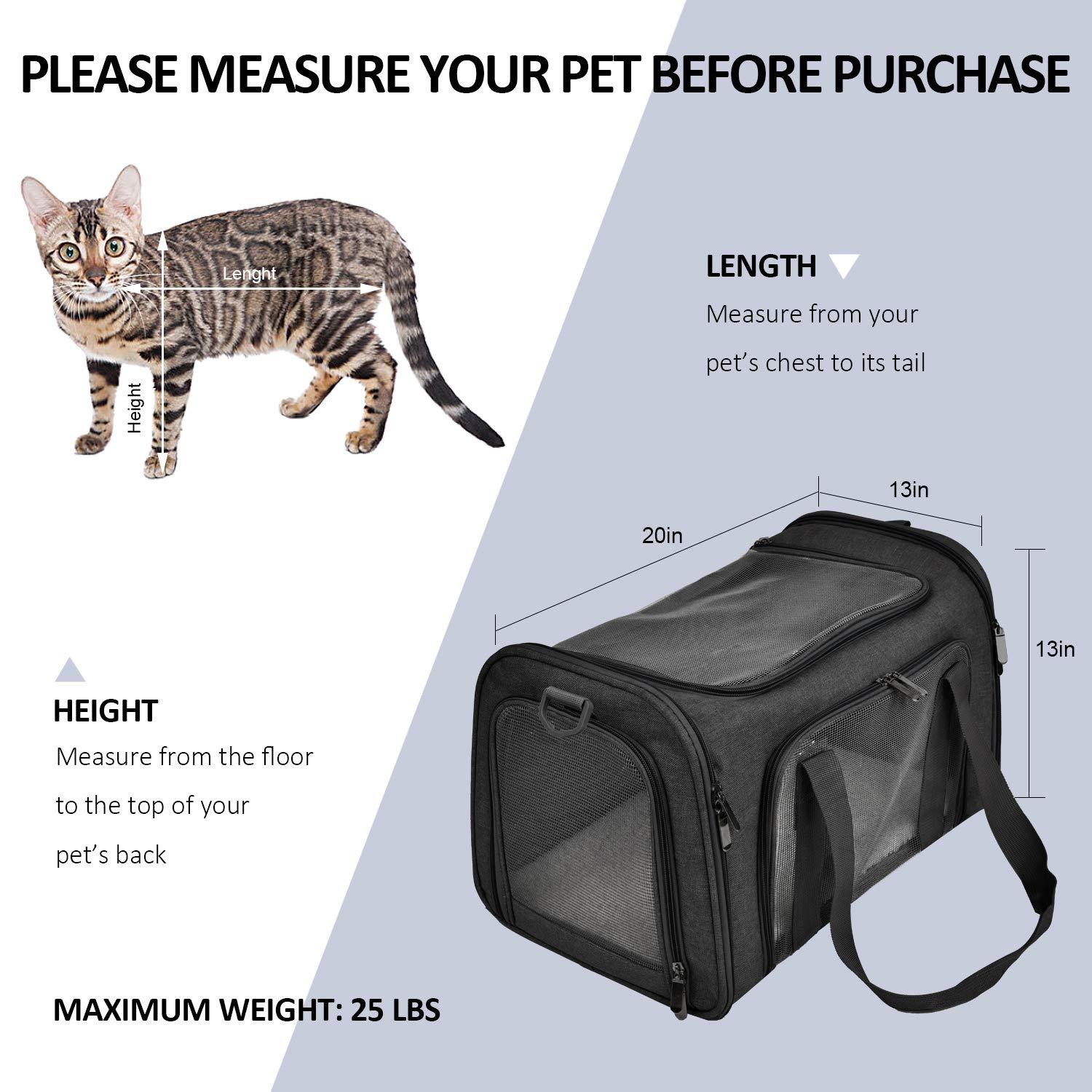 Large Soft Sided Cat and Pet Carrier for Cats and Puppies up to 25Lbs - Collapsible, Waterproof Travel Carrier - Black