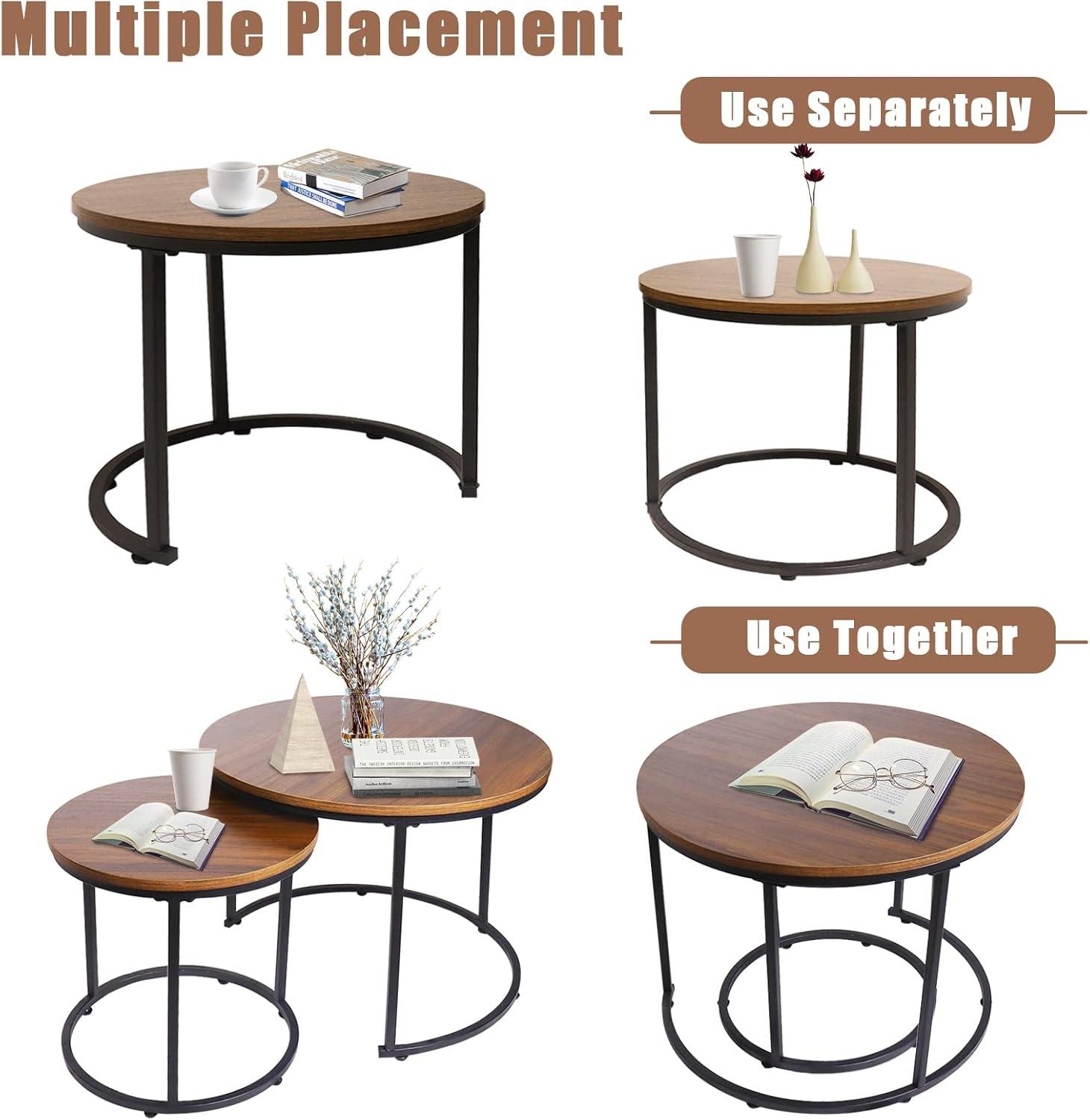 Round Wood Nesting Coffee Table Set with Metal Frame