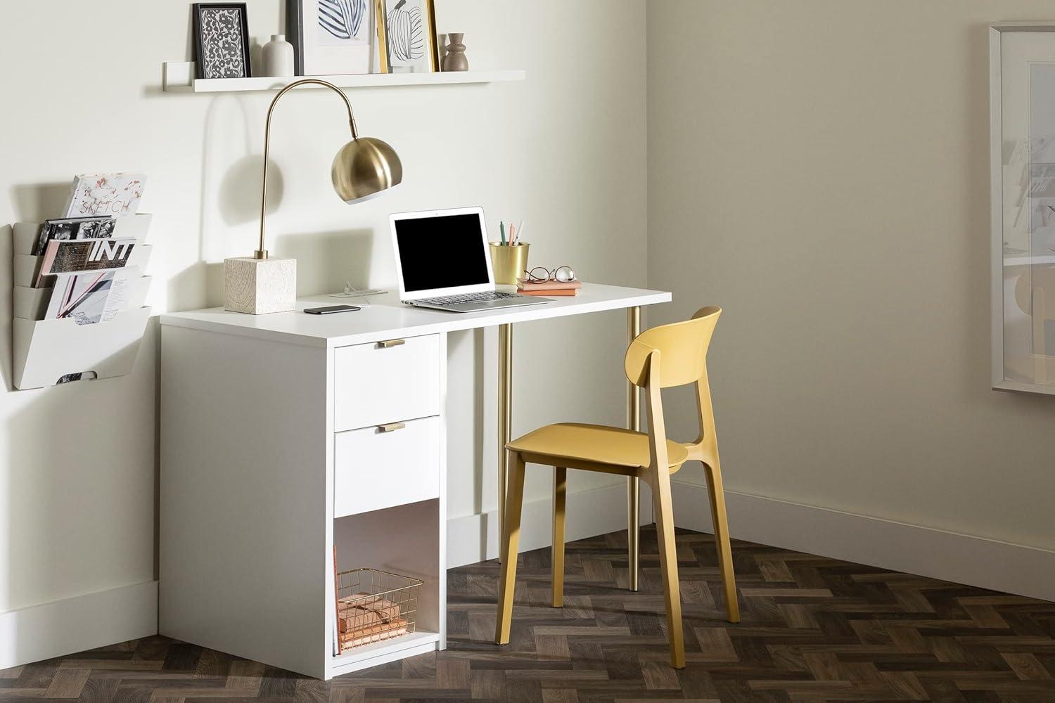 Pure White Wood Computer Desk with USB Port and Drawer