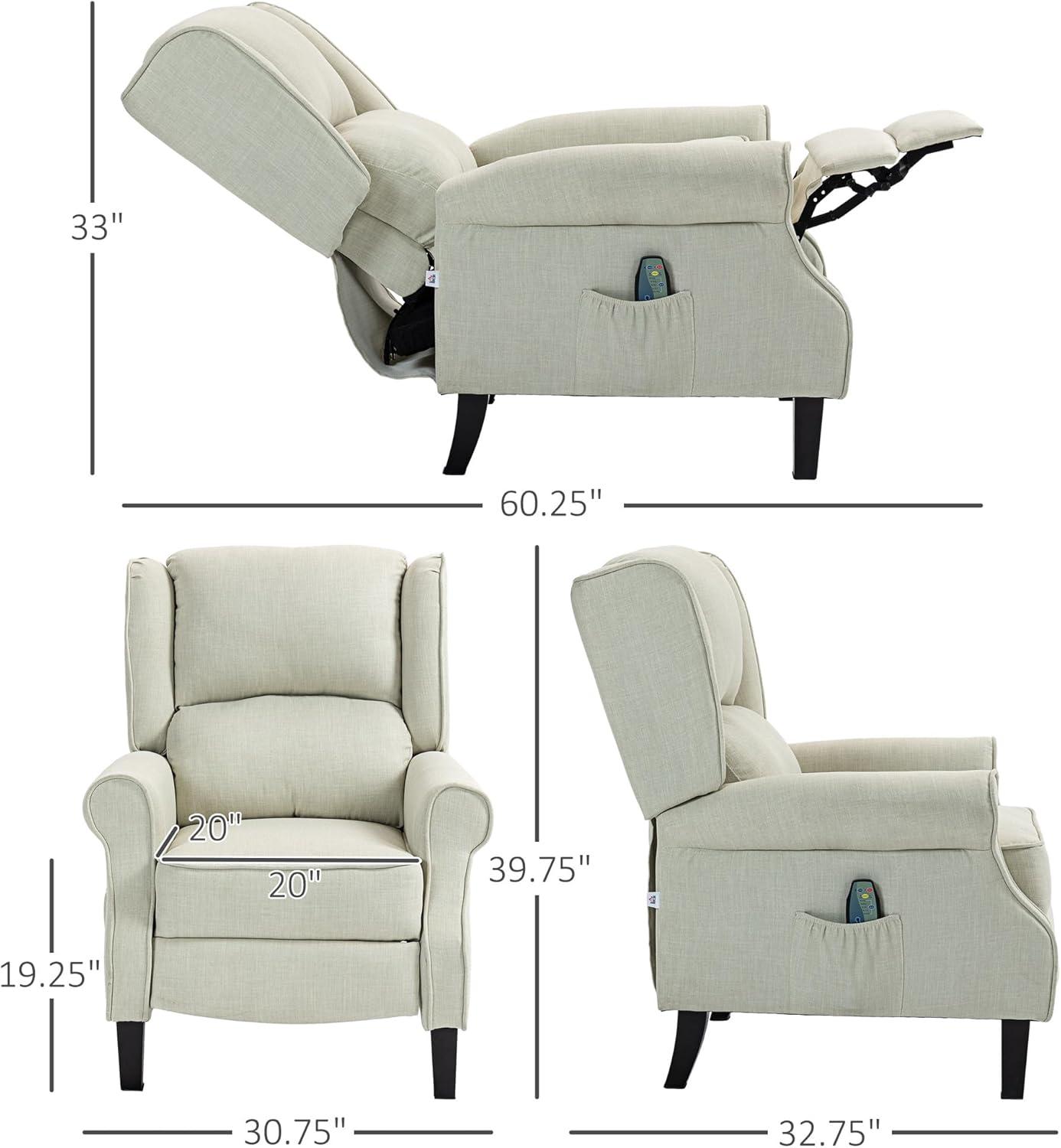 HOMCOM Vibration Massage Recliner Chair for Living Room with Heat, Wingback Single Sofa, Modern Linen Fabric Push Back Reclining Chair with Footrest, Side Pocket, Beige