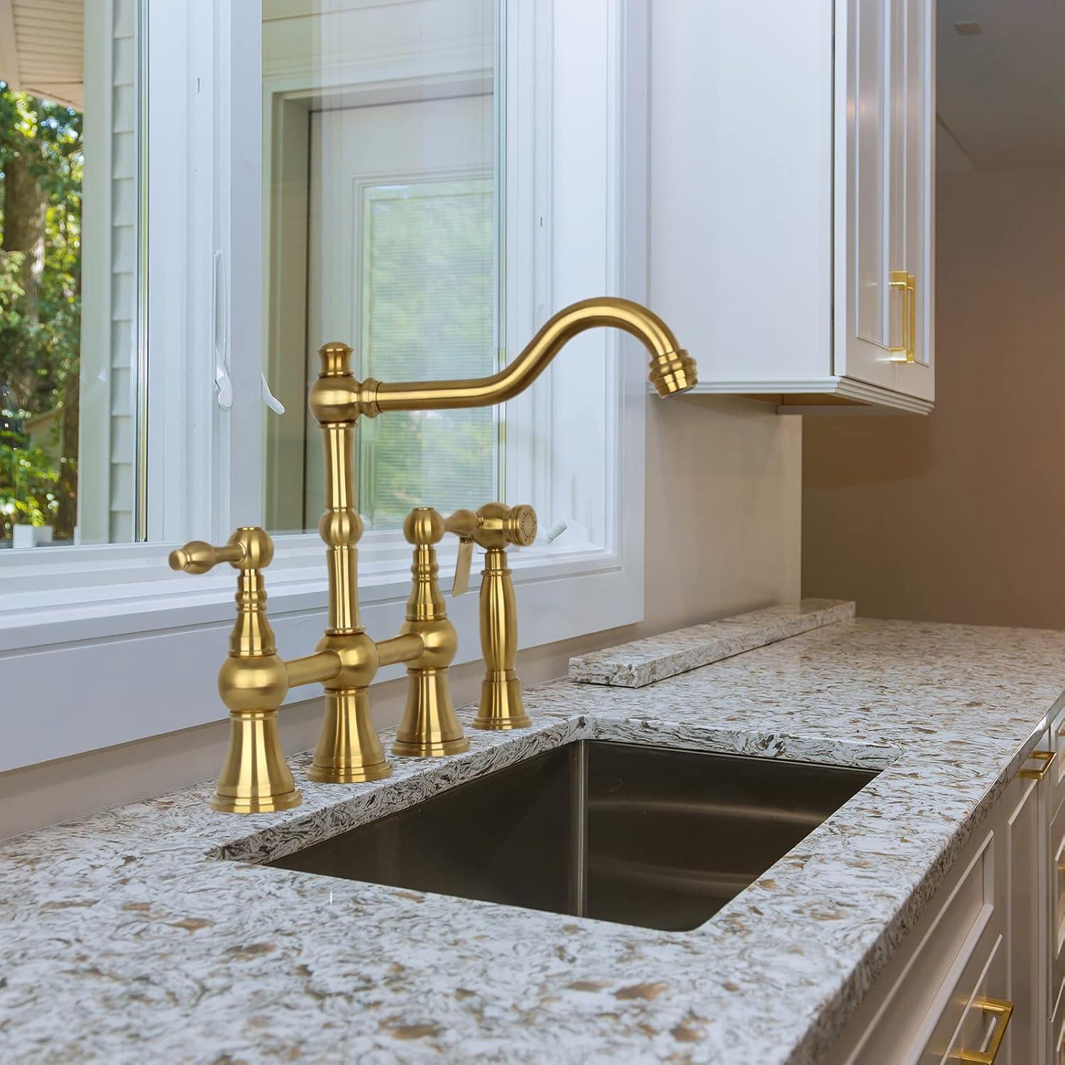 Brass Heritage Bridge Kitchen Faucet with Side Spray 2 Handles