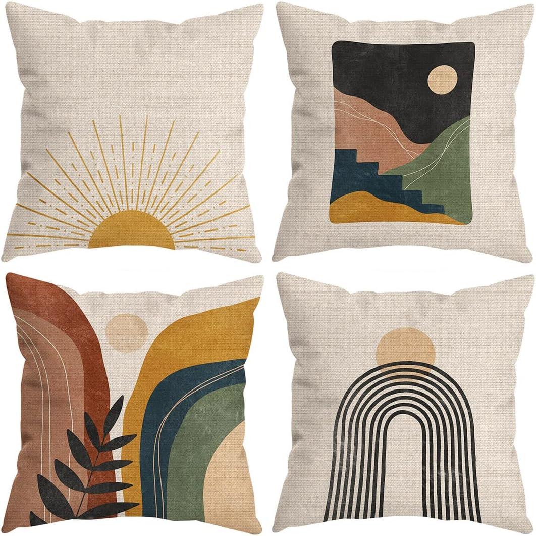 Boho Sun and Rainbow Cotton Throw Pillow Covers Set of 4