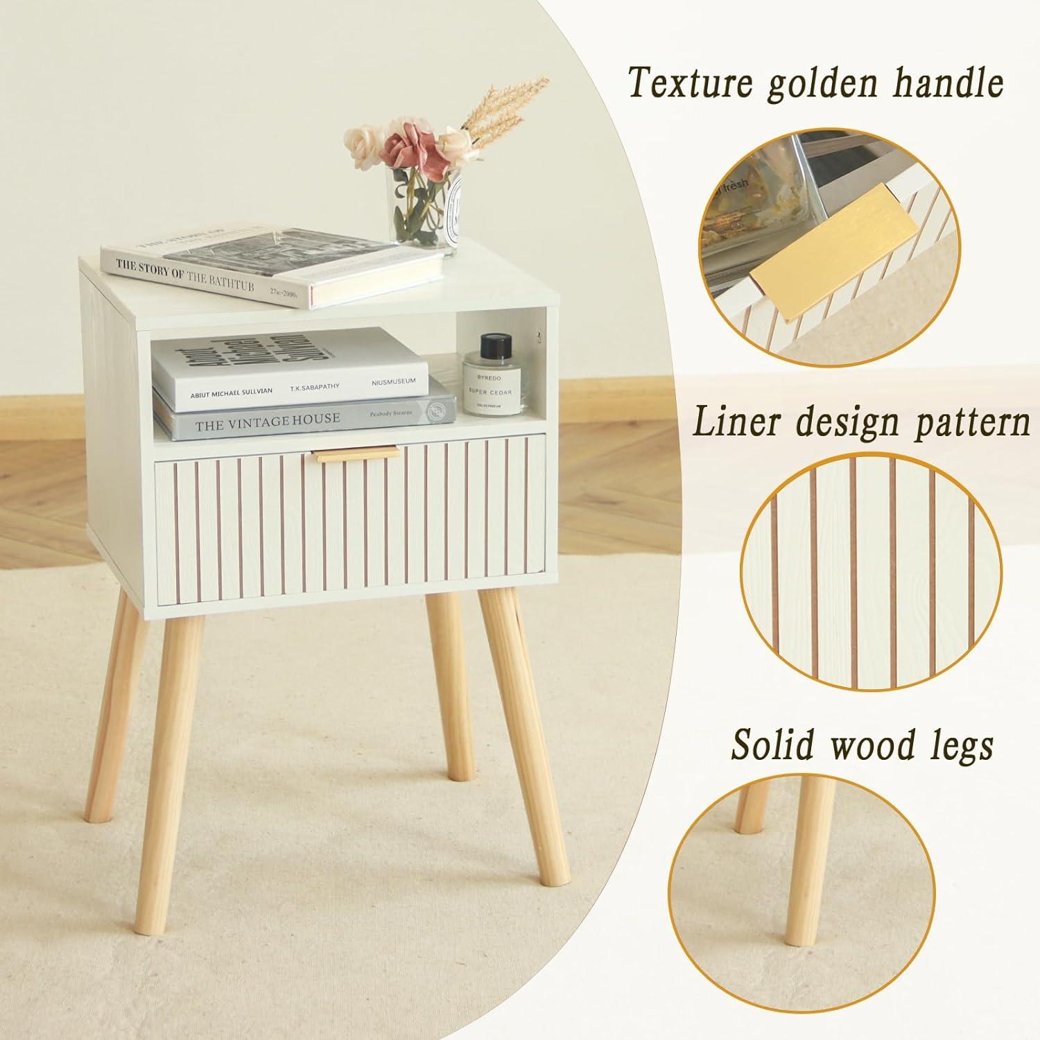 White Nightstand, Mid Century Modern Nightstand, Small Bedside Table End Table for Bedroom with 2-Tier Storage, White