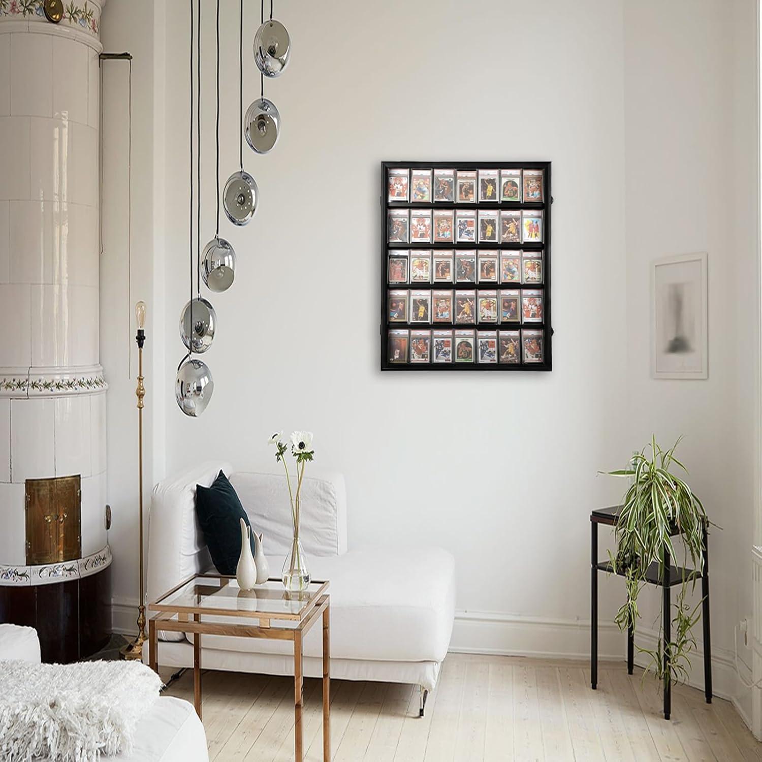 Estuche para Exhibición de Tarjetas Deportivas de 35 Grados: Marco de Exhibición de Tarjetas de Béisbol con Protección UV Gabinete de Pared con Cerradura Transparente para Tarjetas Coleccionables de Baloncesto Negro Vertical