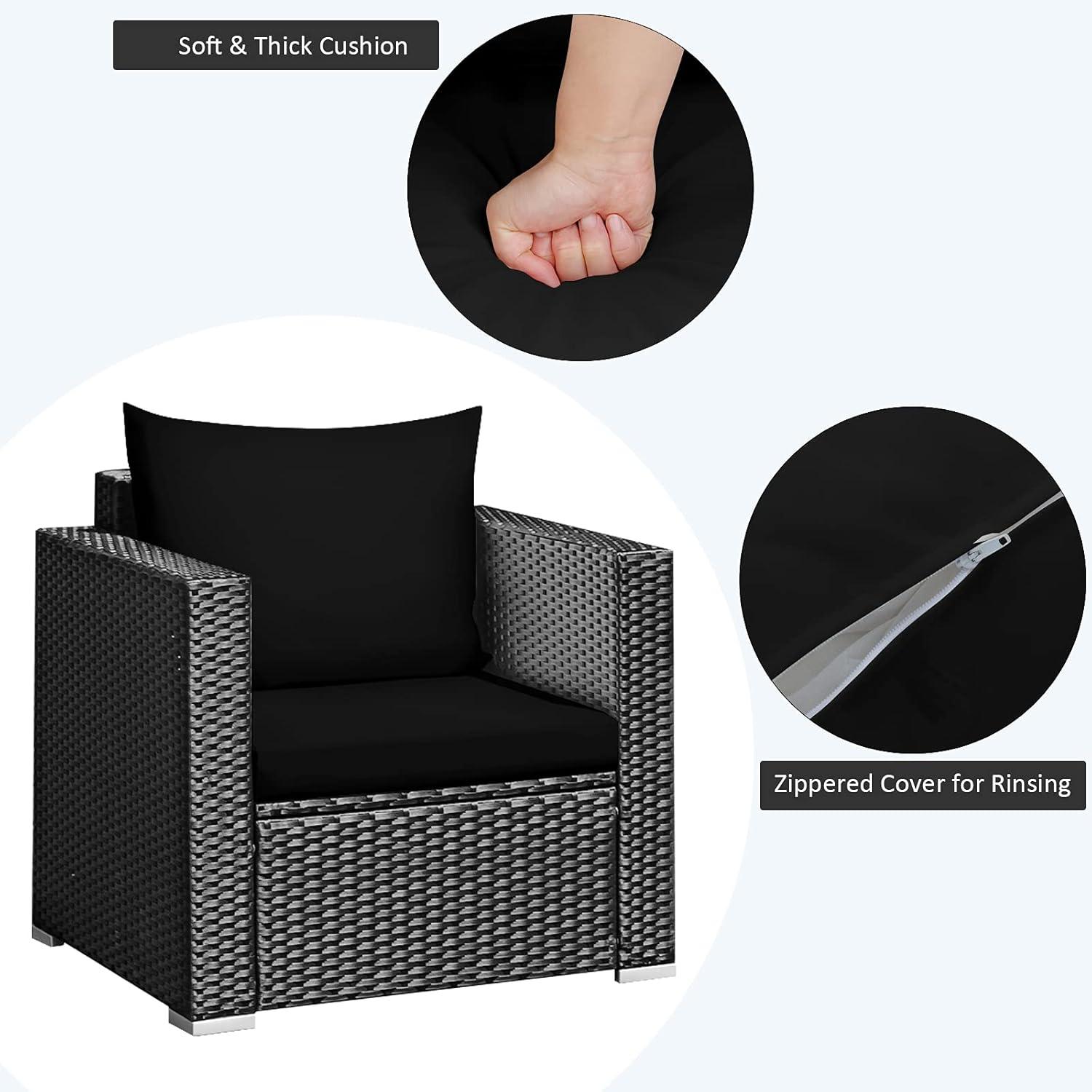 Resenkos 3 Pieces Patio Wicker Conversation Set, Outdoor Furniture Garden Conversation Bistro Sets with Coffee Table and Cushions-Black