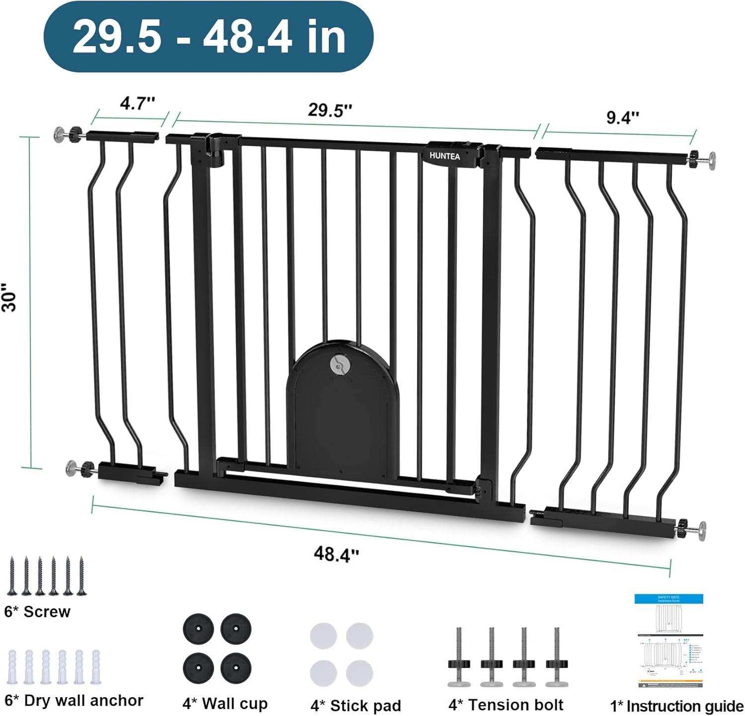 Baby Gates with Cat Door - Auto Close 29.5"-48.4" Safety Metal Dog Pet Gate for Doorway, Stairs, House, Walk Through Child Gate with Pet Door, includes 4 Wall Cups and 2 Extension Pieces