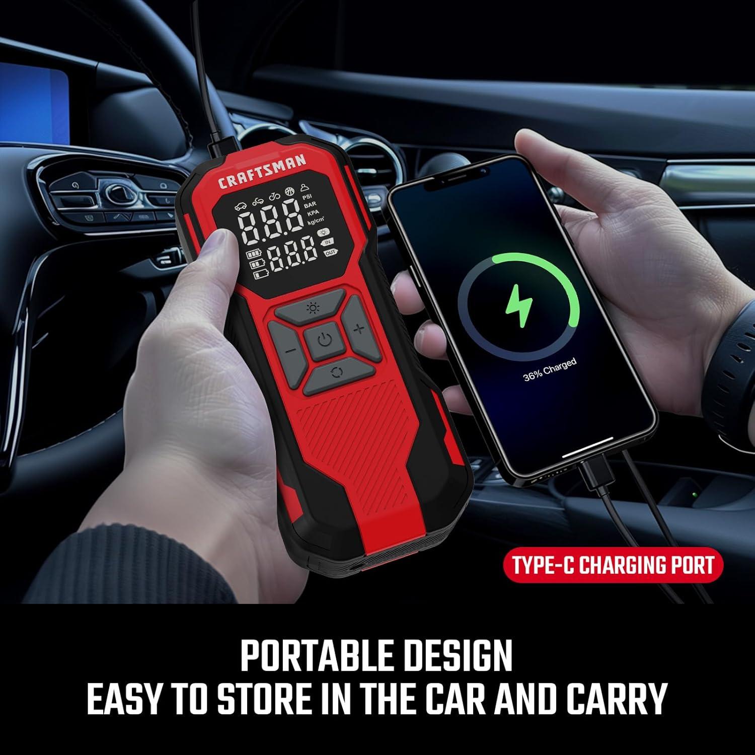 CRAFTSMAN Tire Inflator Portable Air Compressor, Cordless Mini Air Pump for Car Tires with Digital Tire Pressure Gauge, 6000mAh Battery Powered Air Pump, Max Pressure 150 PSI, 12V DC Corded