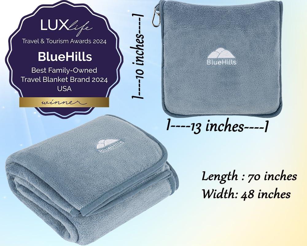 Grayish Blue Micro Plush Packable Travel Blanket Pillow