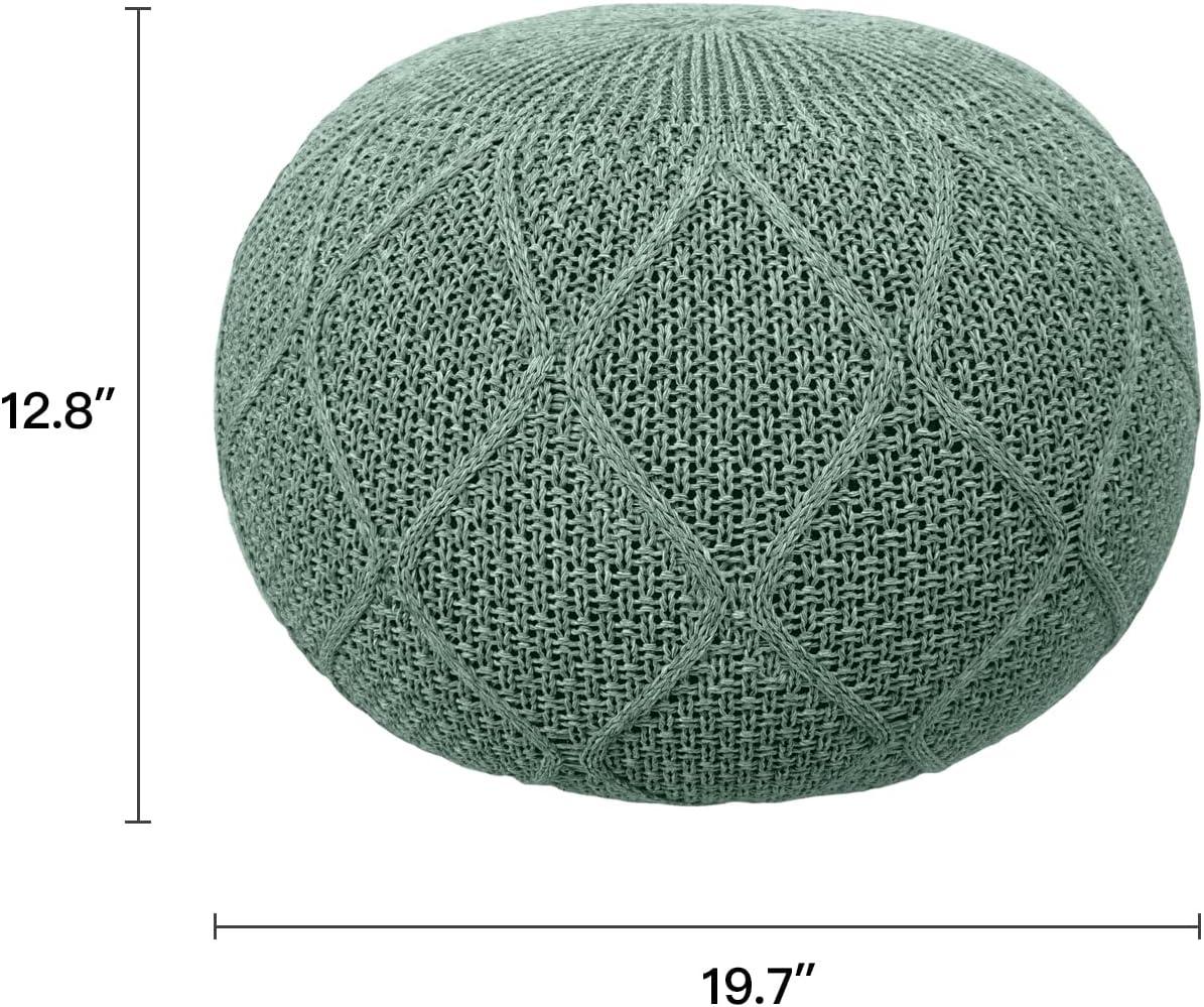 Green Knitted Round Pouf Ottoman with Polyurethane Foam