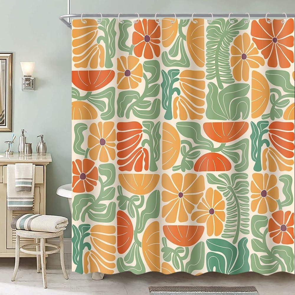 Lark Manor™ Boho Abstract Colorful Floral Shower Curtain, Vintage Retro Patchwork Orange Green Flower Botanical Geometric Bathroom Decor Shower Curtain Set With 17 Hooks,(Flower)