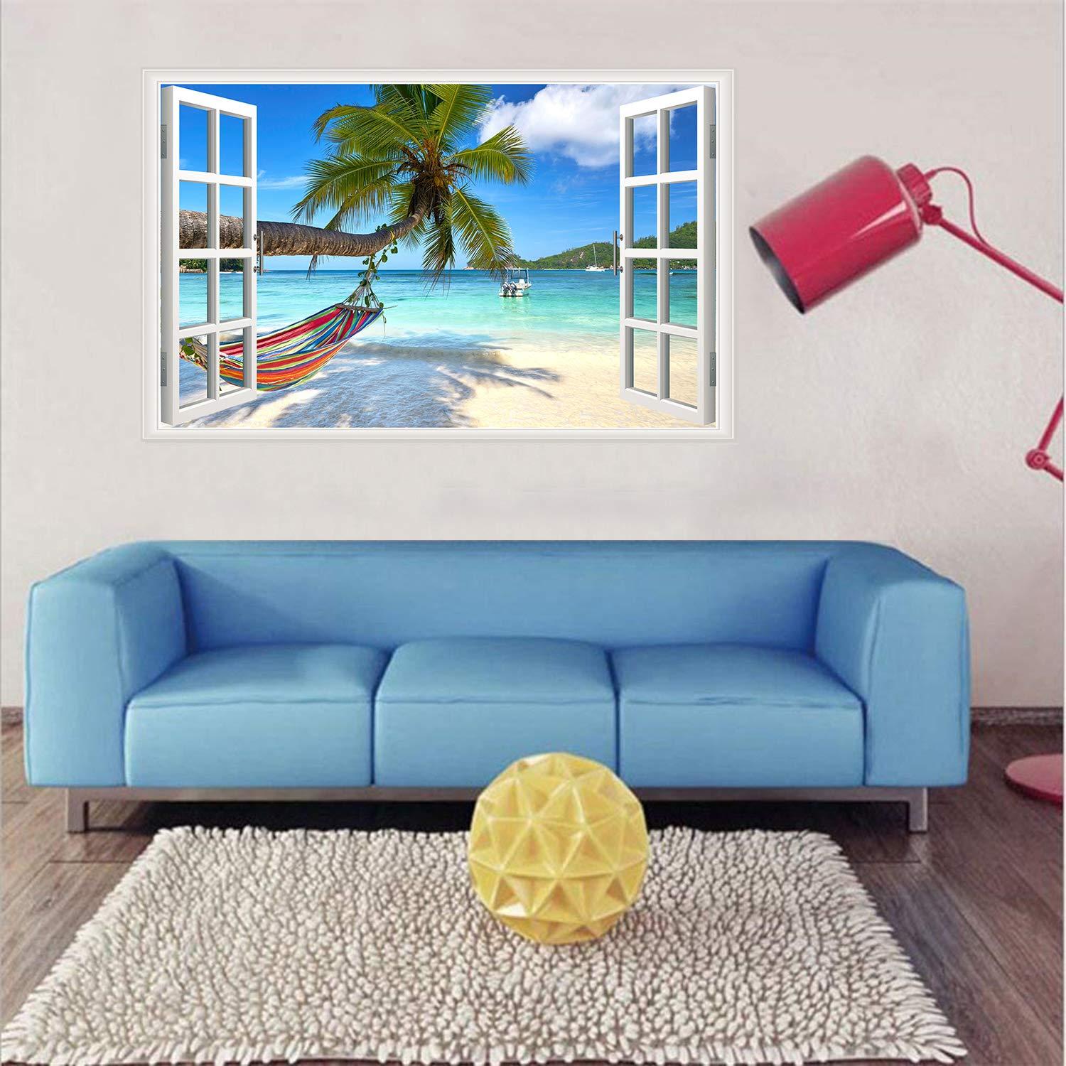 Beach Seascape Window Wall Sticker Palm Tree and Hammock Fake Window Wall Decals Removable Tropical Sea Window View Wall Stickers Decal for Living Room