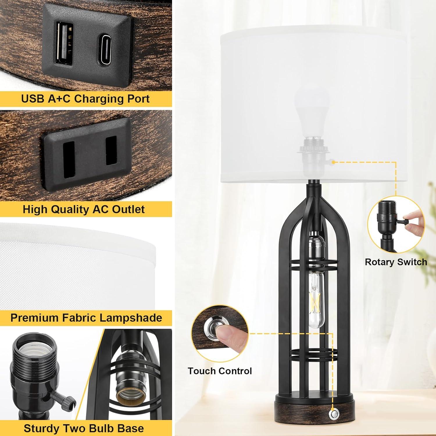 Table Lamp for Living Room - White Farmhouse Lamps for Night Stands with USB C+A, 3 Way End Table Lamps Set of 2, Vintage Bedside Lamp for End Tables, Rustic Nightstand Lamps for Bedroom