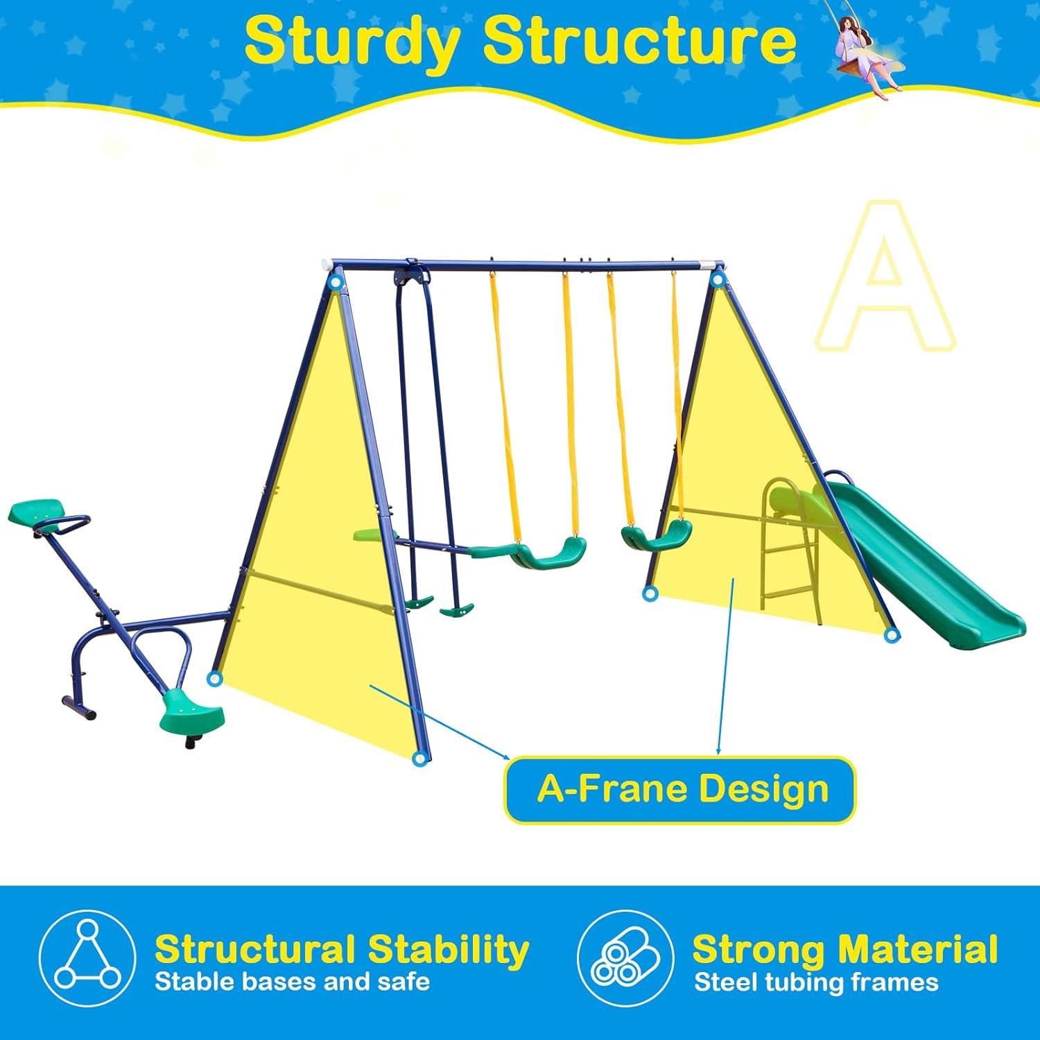 Swing Set for Backyard Outdoor Heavy Duty A-Frame Metal Playset with Seesaw, 2 Swings, Slide and Glider for Kids Toddlers