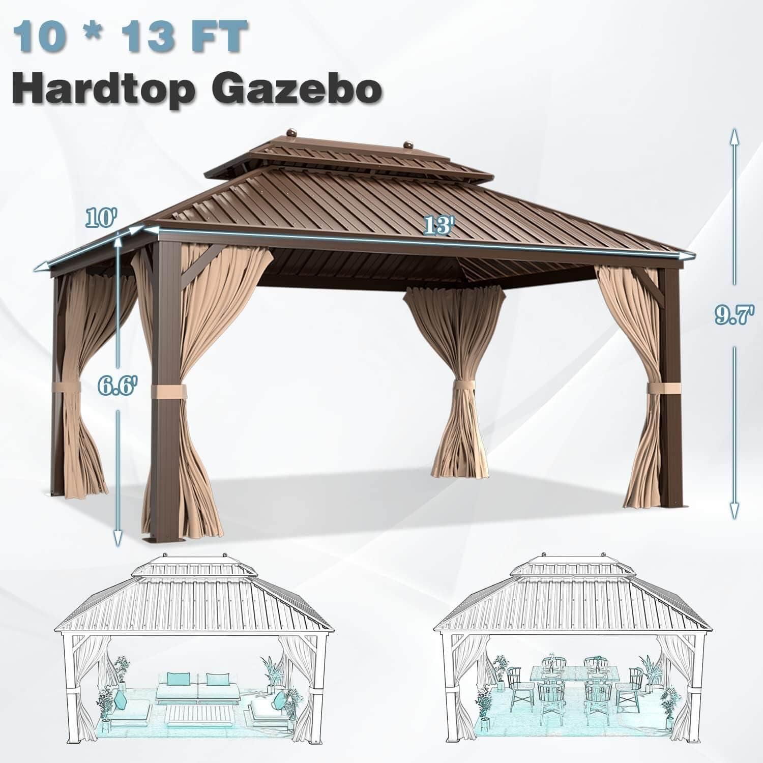 Brown Aluminum and Steel 10' x 13' Patio Gazebo with Curtains