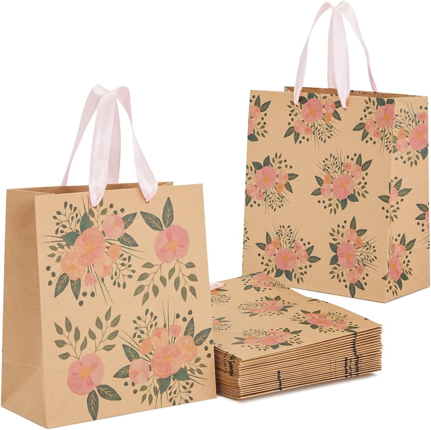 Juvale 24 Pack Kraft Paper Floral Gift Bags with Pink Ribbon Handles, 8x4x9 Inches, 2 Designs, For Themed Party Favors
