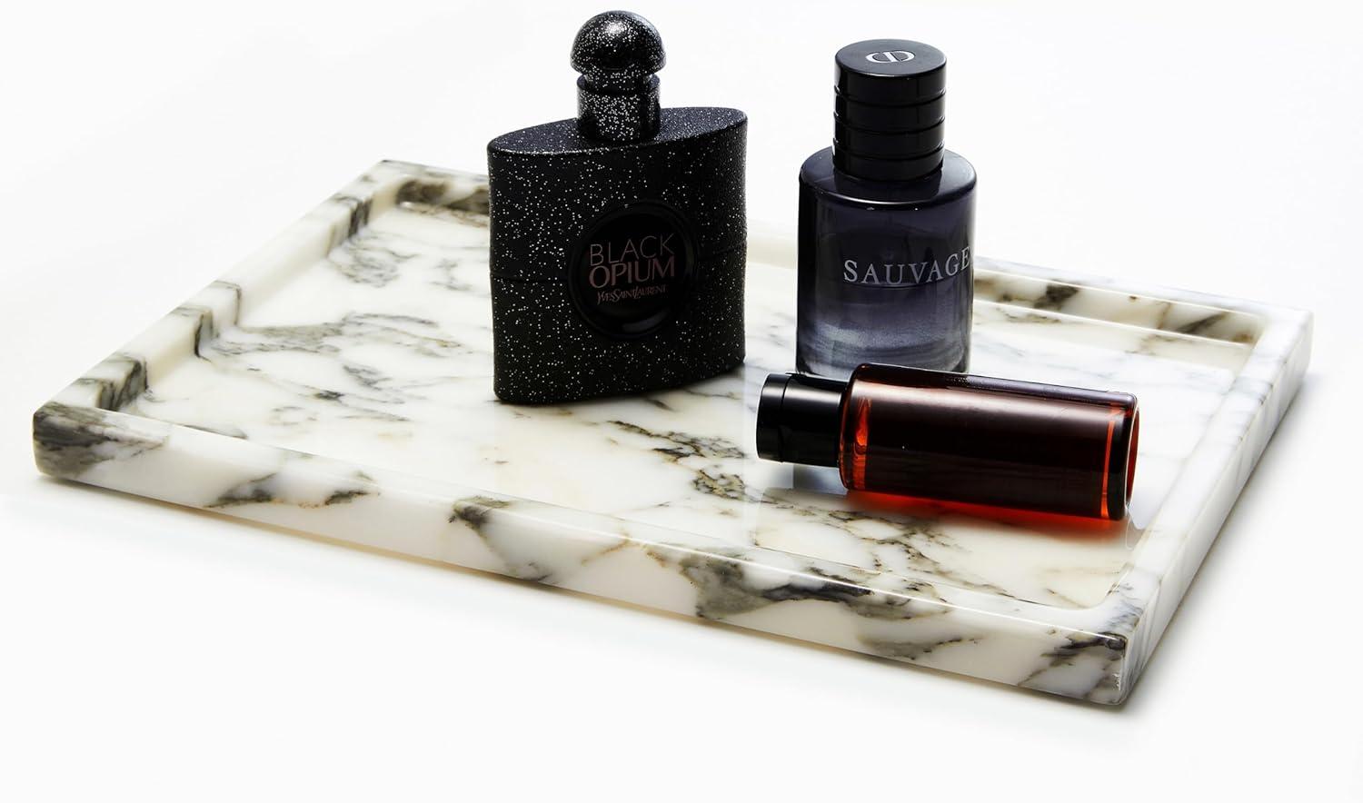 Polished White and Gray Marble Vanity Tray