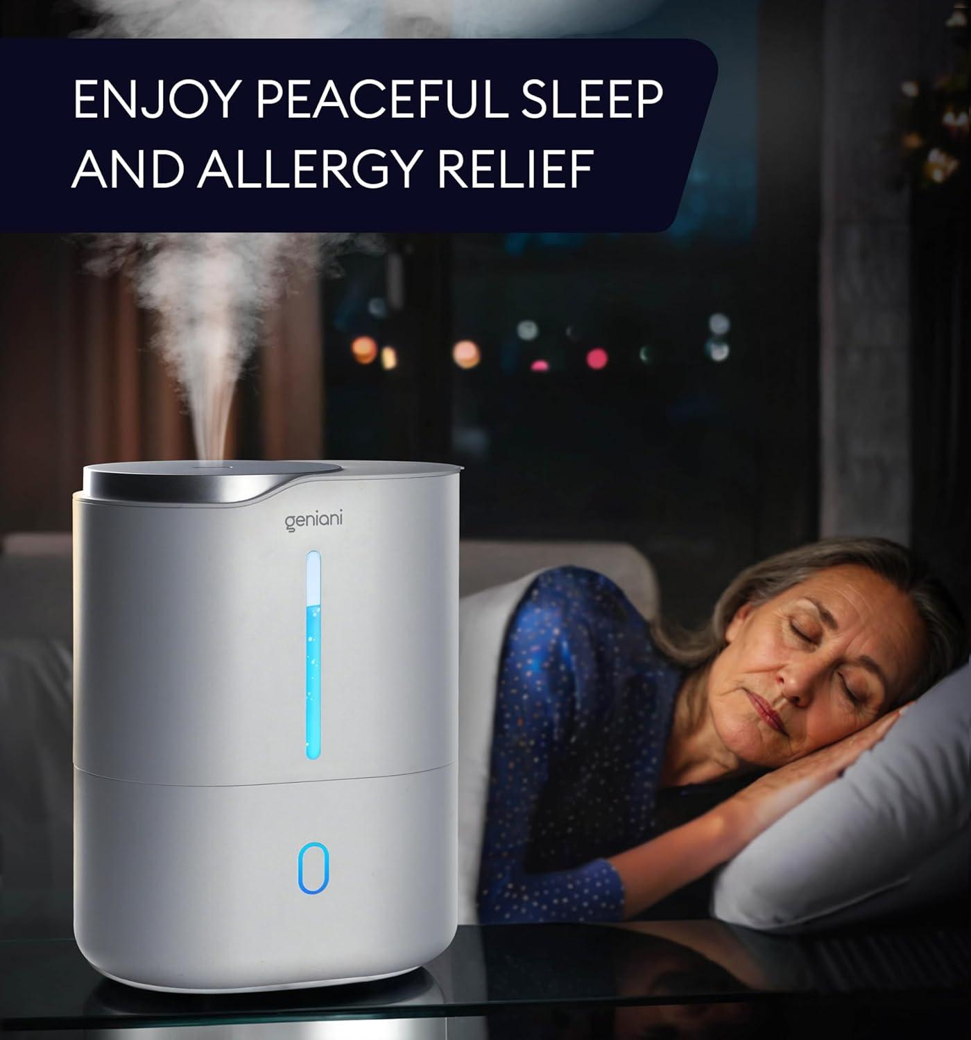 GENIANI Ultrasonic Cool Mist Humidifier for Bedroom, Large Rooms, Home, 4L - Easy Fill & Clean Humidifier for Plants w/Auto Shut-off, 40H Runtime - Quiet, Top Fill Air Humidifier