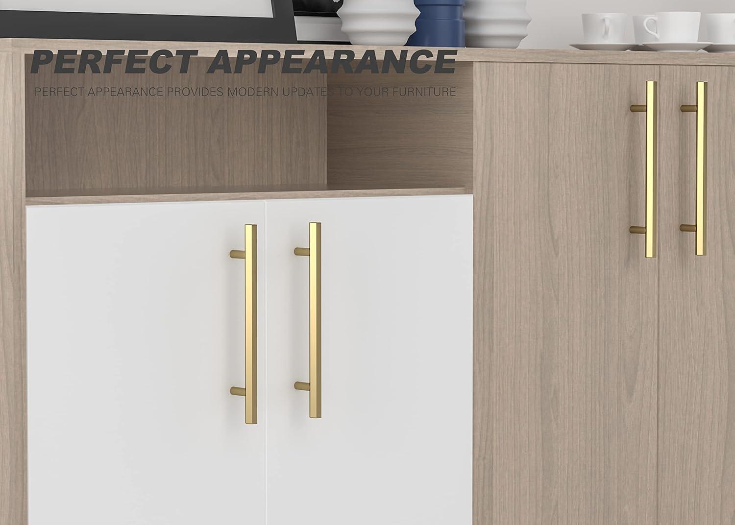 RZDEAL 4 Pcs 5 Inch Solid Brass Pull Kitchen Cabinet Handles Brushed Gold Decorative Contemporary Hexagon Bar Cabinet Pulls (Hole Centers:5.0"(128mm))