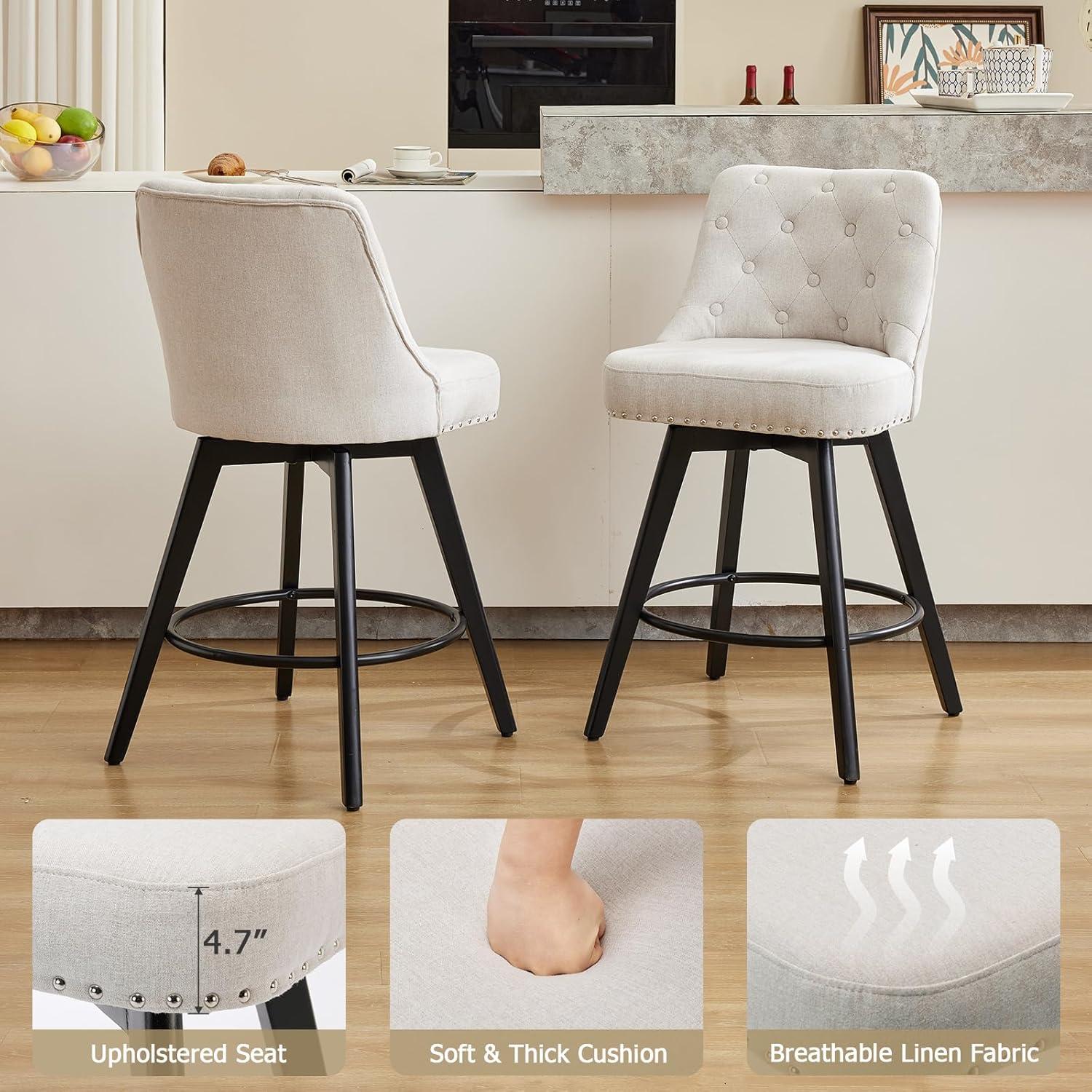 Counter Bar Stools Set of 2, Modern Swivel Bar Stools with Back and Wood Legs, 26" H Upholstered Bar Chair for Kitchen Island Home Bar, Linen Beige
