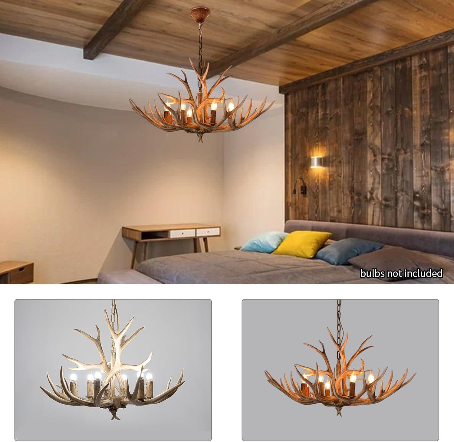 Brown Super Stag Faux Antlers Six Light LED Chandelier